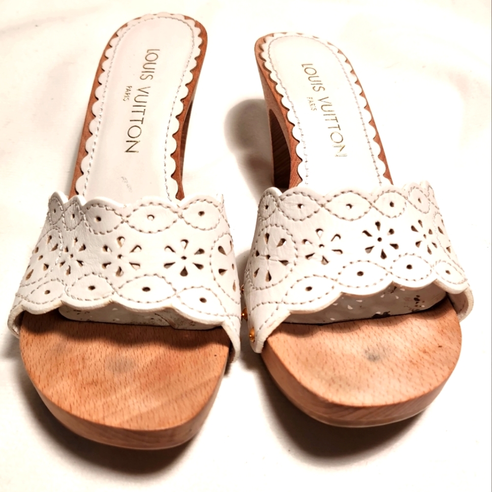 LOUIS VUITTON Cut Out White Leather and Wood Mules